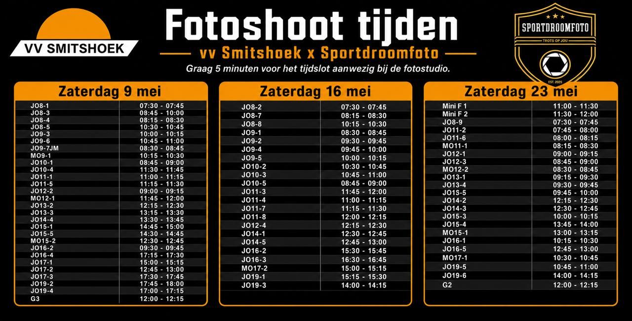 Fotoshoot planning & tijden